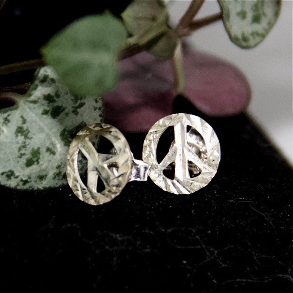 Sterling Silver Peace‎ Sign Stud Earrings Diamond Cut Textured 925 Post Studs
